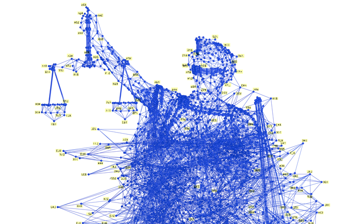 A cluster of data points forming the outline of a blindfolden Lady Justice holding a scale